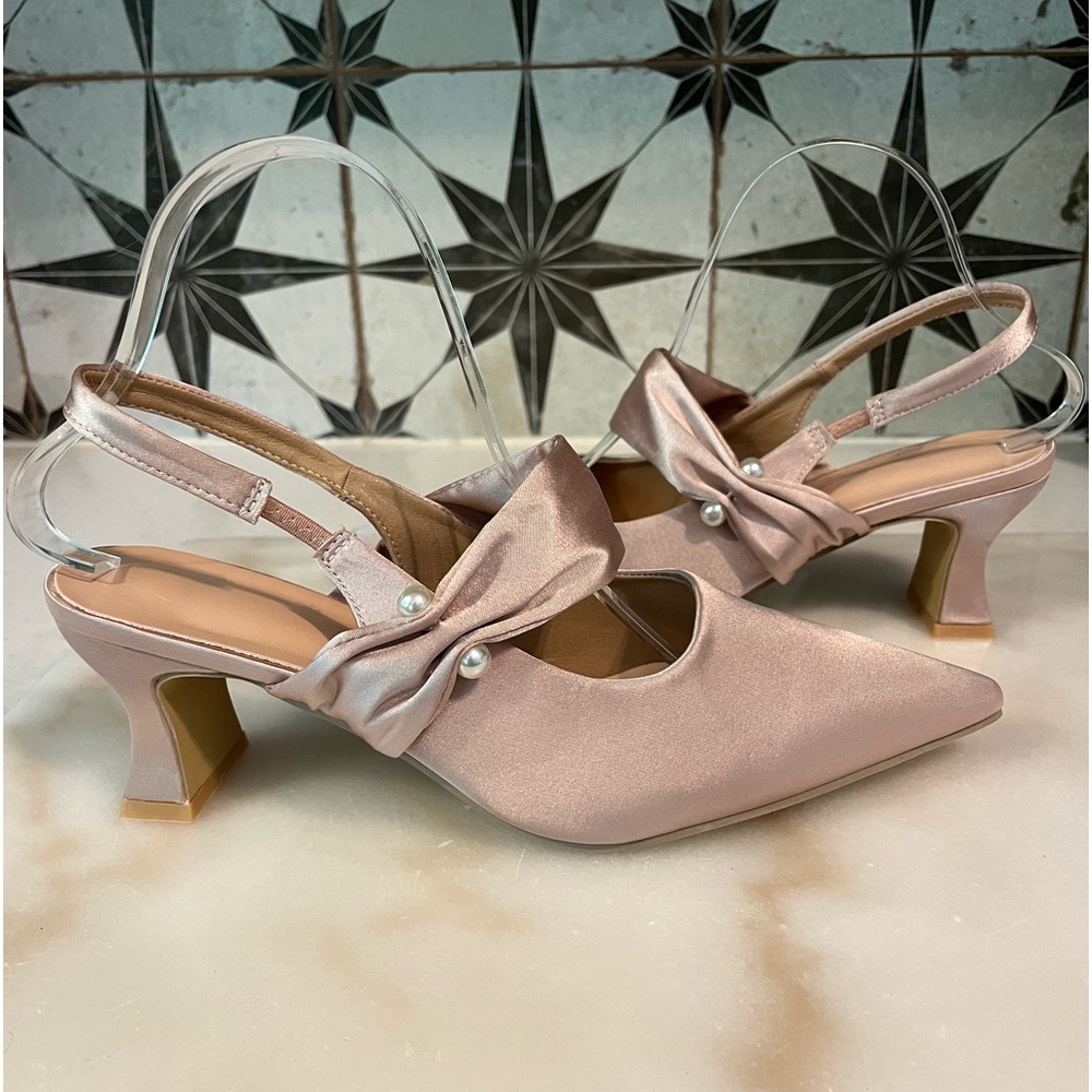 SOLD OUT! NEW Satin Faux Pearl Decor Slingback Pumps - Picture 8 of 13
